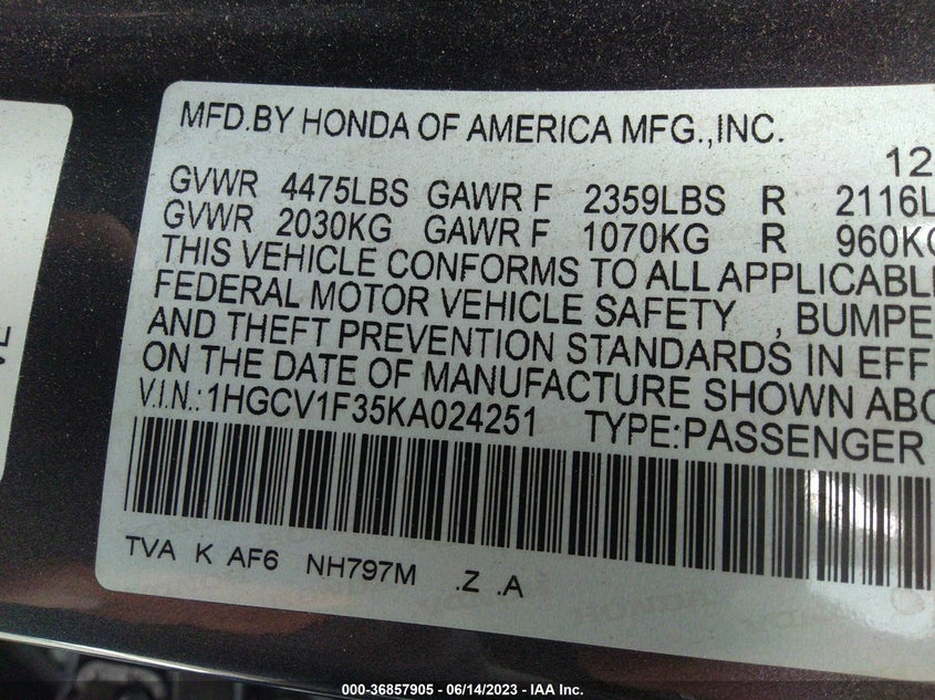 VIN 1HGCV1F35KA024251 2019 HONDA ACCORD SEDAN SPORT 1.5T