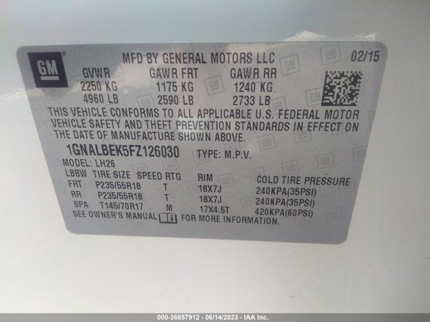 2015 CHEVROLET EQUINOX LT - 1GNALBEK5FZ126030