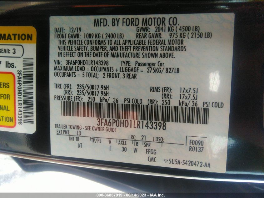 3FA6P0HD1LR143398 Ford Fusion SE 9