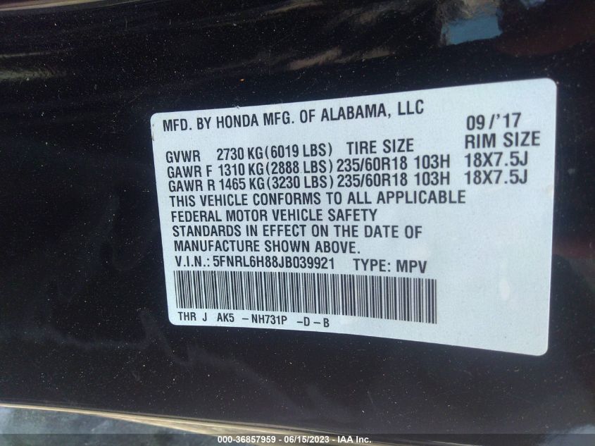 2018 HONDA ODYSSEY TOURING - 5FNRL6H88JB039921