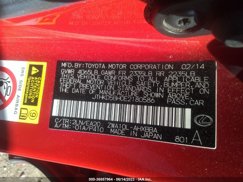 2014 LEXUS CT 200H HYBRID - JTHKD5BH0E2180586