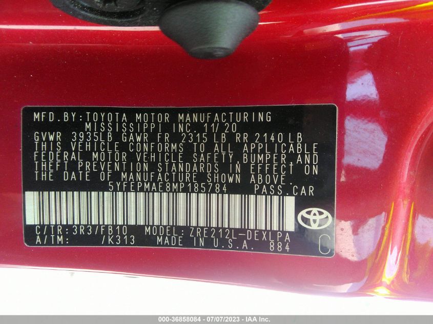 2021 TOYOTA COROLLA LE - 5YFEPMAE8MP185784