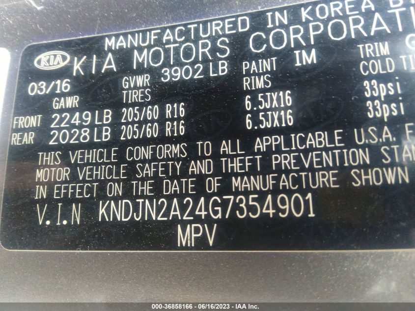 2016 KIA SOUL BASE - KNDJN2A24G7354901