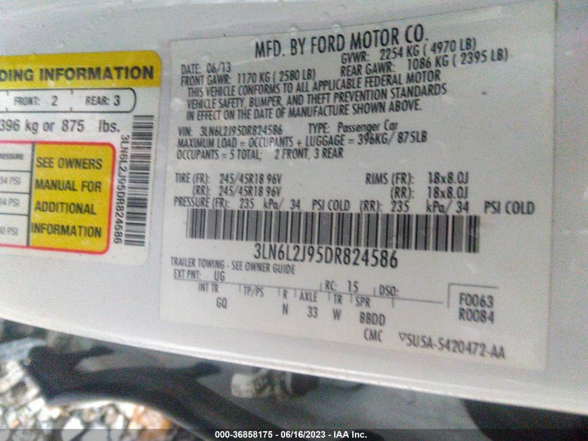 2013 LINCOLN MKZ - 3LN6L2J95DR824586