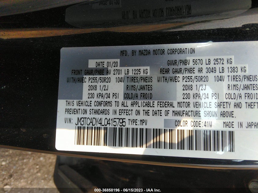 VIN JM3TCADY4L0415795 2020 MAZDA CX-9 GRAND TOURING