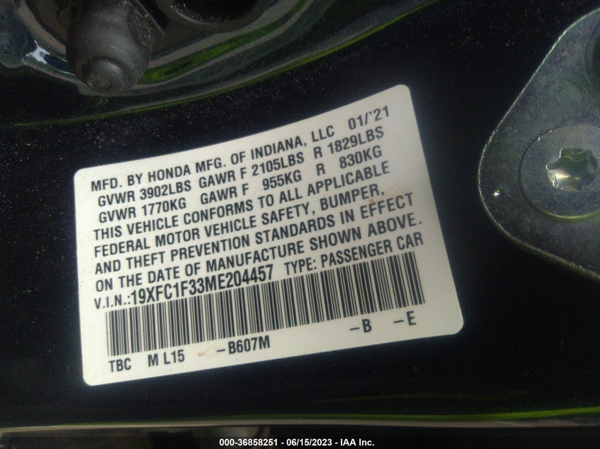 VIN 19XFC1F33ME204457 2021 HONDA CIVIC SEDAN EX