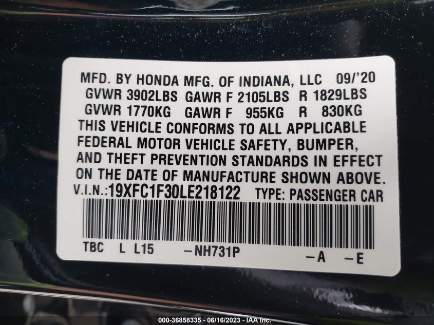 VIN 19XFC1F30LE218122 2020 HONDA CIVIC SEDAN EX