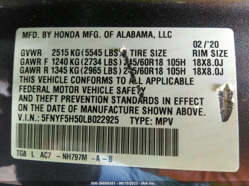 2020 HONDA PILOT EX-L - 5FNYF5H50LB022925