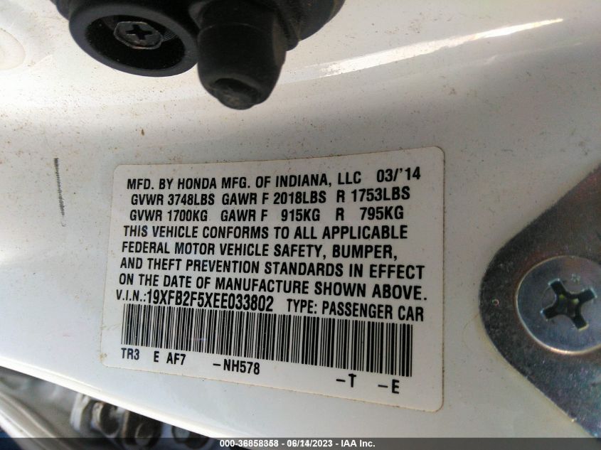 2014 HONDA CIVIC LX 19XFB2F5XEE033802