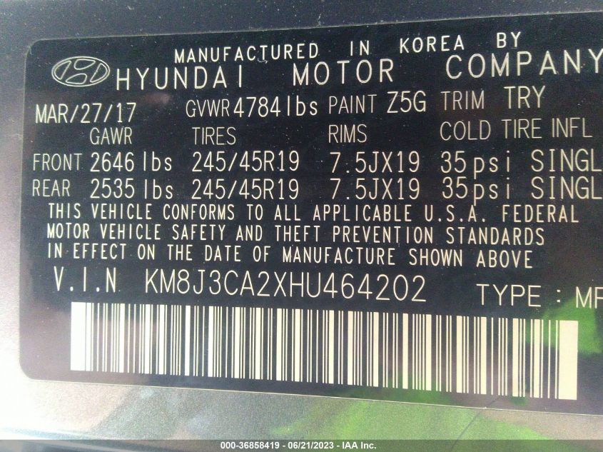 2017 HYUNDAI TUCSON LIMITED/SPORT AND ECO/SE - KM8J3CA2XHU464202