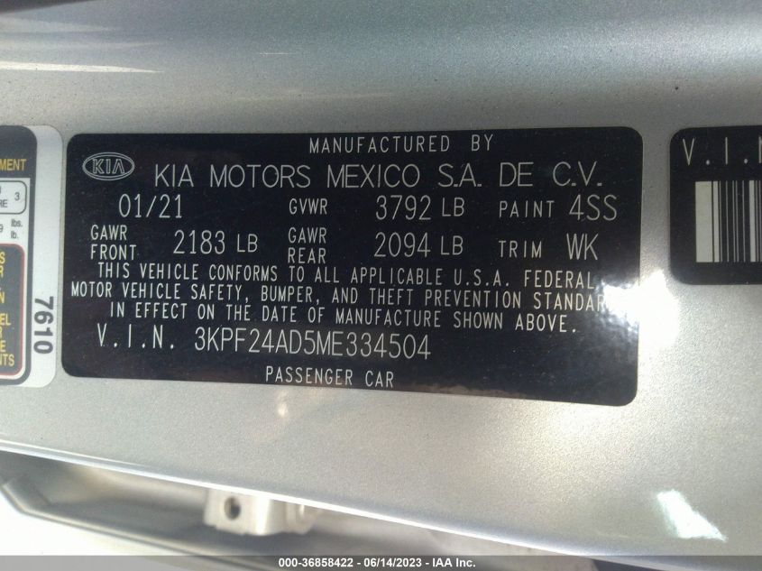 2021 KIA FORTE LXS - 3KPF24AD5ME334504