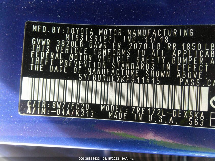 2019 TOYOTA COROLLA L/LE/XLE/SE/XSE - 5YFBURHEXKP911415