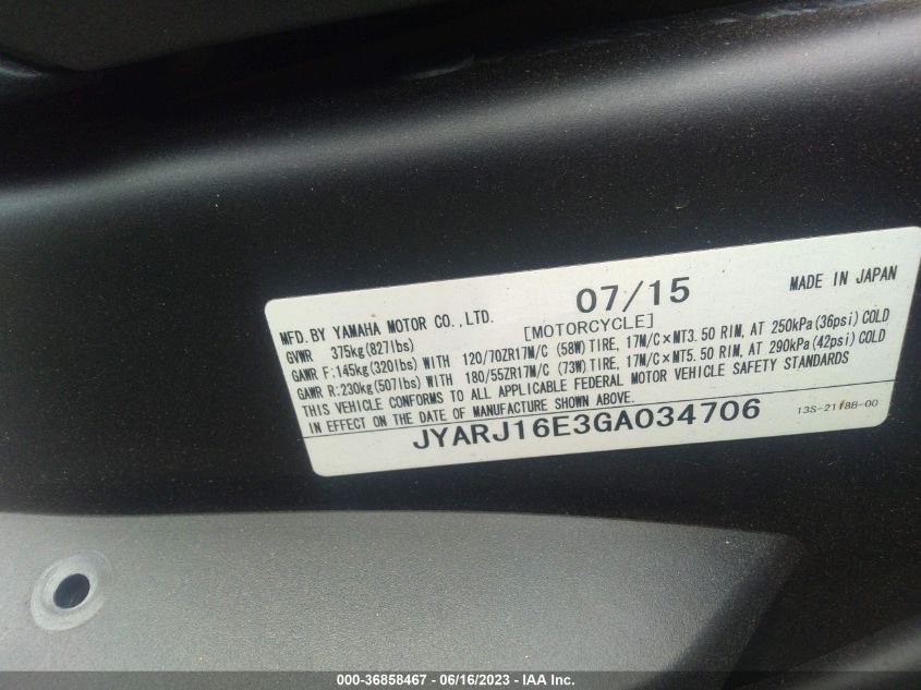 2016 YAMAHA YZFR6 JYARJ16E3GA034706