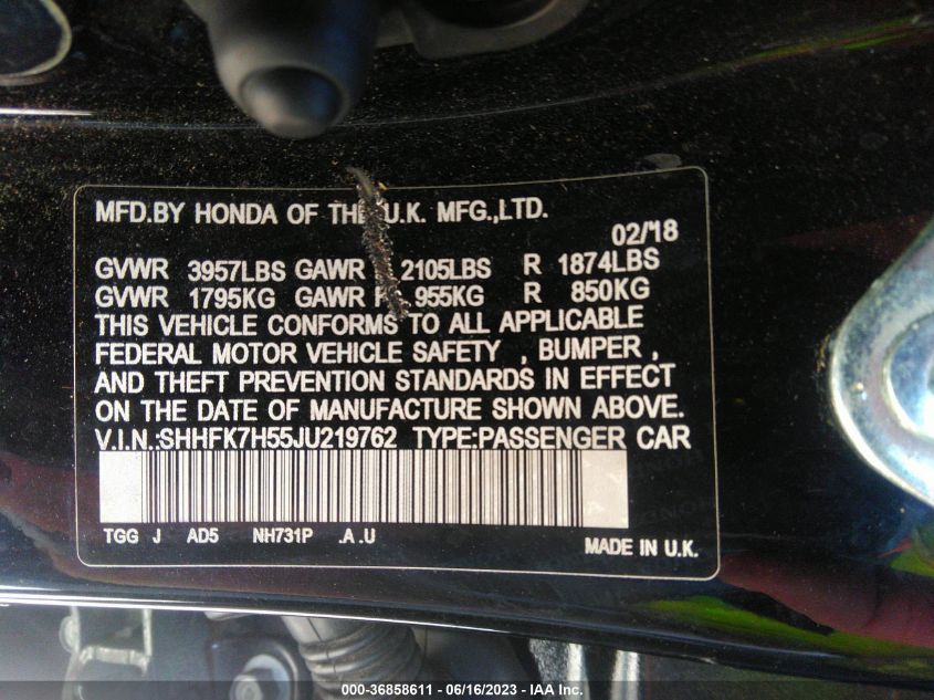 2018 HONDA CIVIC HATCHBACK EX - SHHFK7H55JU219762