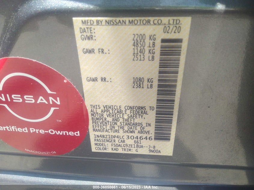VIN 1N4BZ1DP4LC304646 2020 NISSAN LEAF SL PLUS