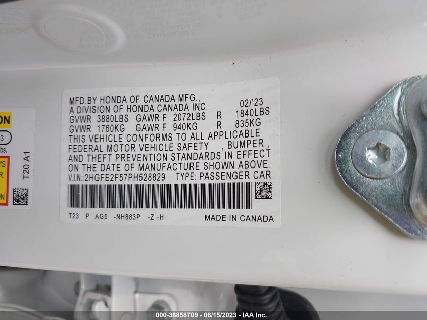VIN 2HGFE2F57PH528829 2023 HONDA CIVIC SEDAN SPORT