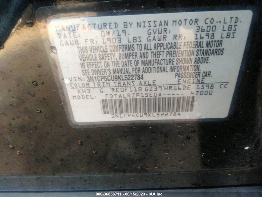 VIN 3N1CP5CU9KL522784 2019 NISSAN KICKS S