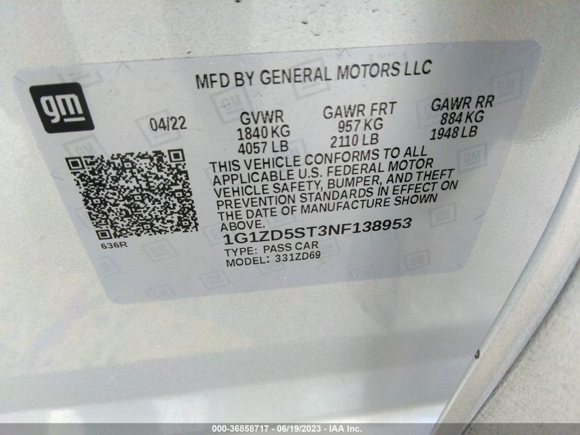 2022 CHEVROLET MALIBU LT - 1G1ZD5ST3NF138953