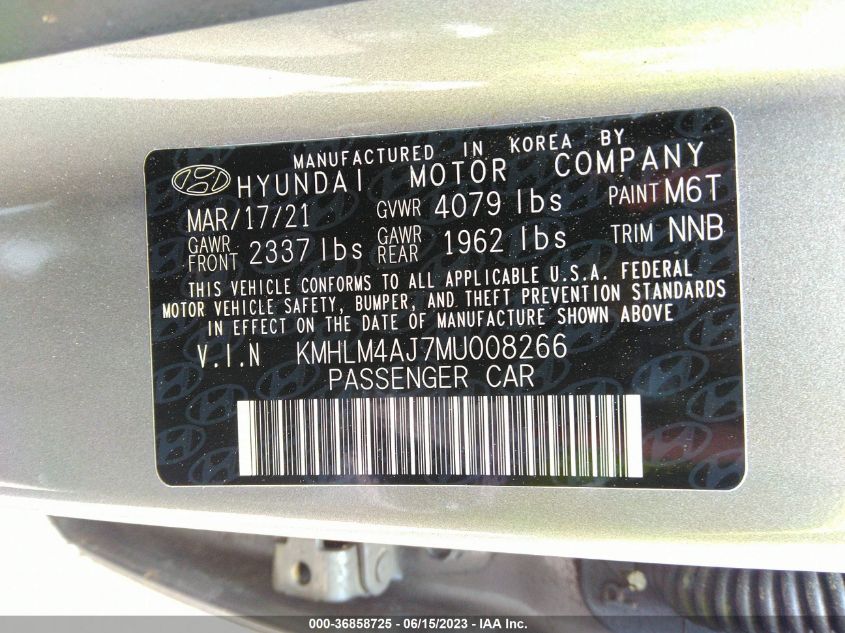 2021 HYUNDAI ELANTRA HYBRID BLUE KMHLM4AJ7MU008266