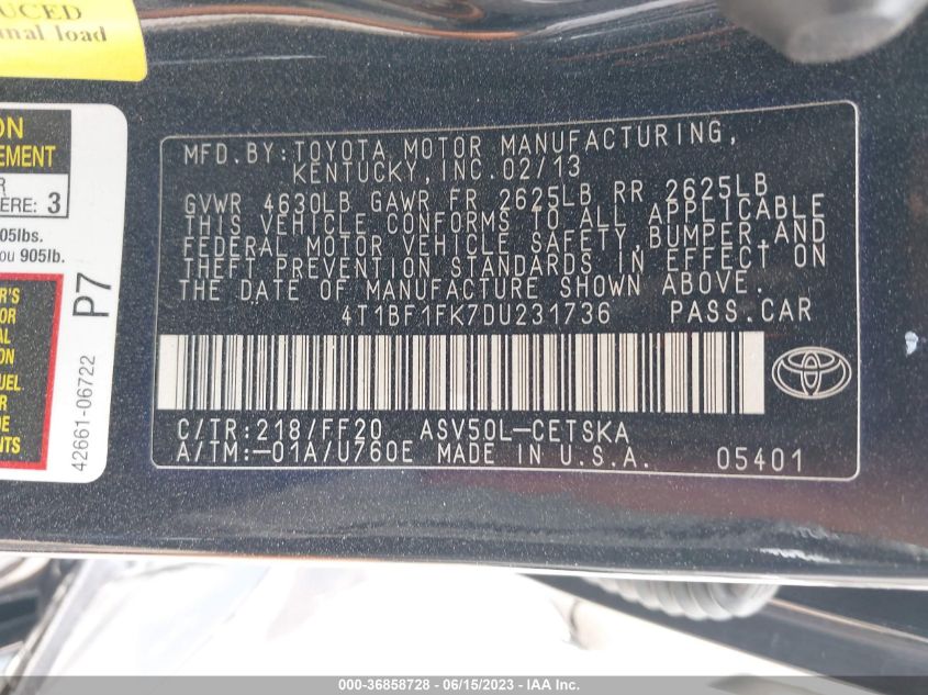2013 TOYOTA CAMRY L/SE/LE/XLE - 4T1BF1FK7DU231736