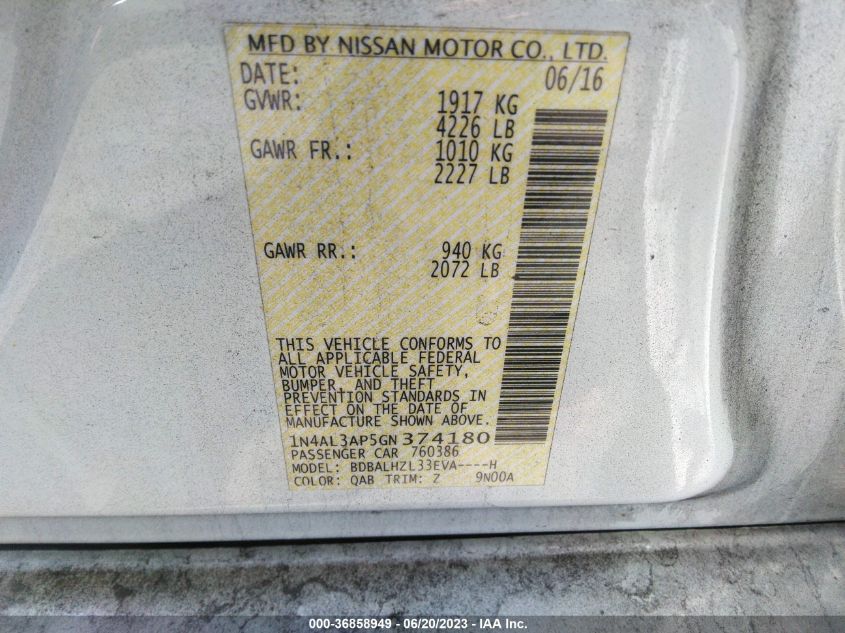2016 NISSAN ALTIMA 2.5/S/SV/SL/SR - 1N4AL3AP5GN374180