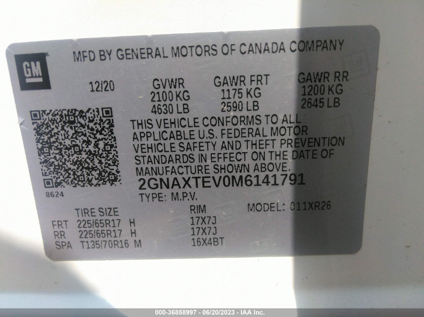 2021 CHEVROLET EQUINOX LT - 2GNAXTEV0M6141791