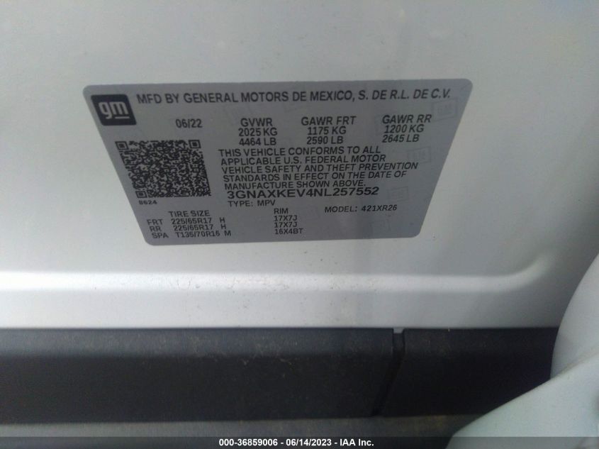 2022 CHEVROLET EQUINOX LT - 3GNAXKEV4NL257552