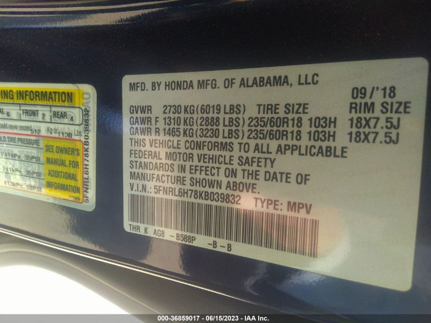 2019 HONDA ODYSSEY EX-L - 5FNRL6H78KB039832