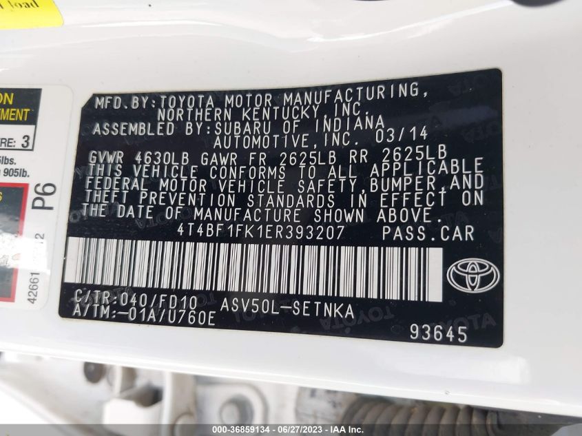 2014 TOYOTA CAMRY L/LE/XLE/SE/SE SPORT - 4T4BF1FK1ER393207