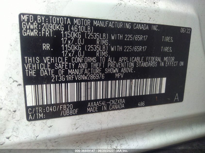 2022 TOYOTA RAV4 LE - 2T3G1RFV8NW286976
