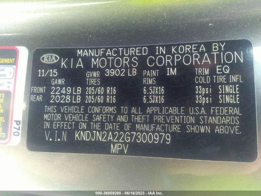 2016 KIA SOUL BASE - KNDJN2A22G7300979