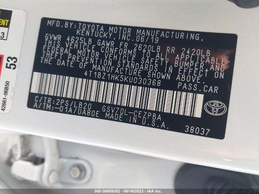 2019 TOYOTA CAMRY V6 - 4T1BZ1HK5KU030368
