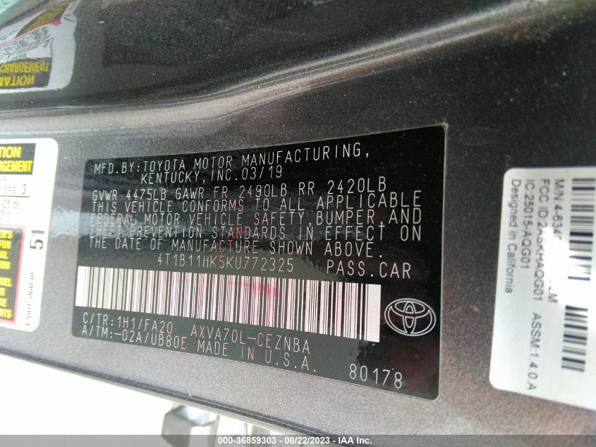 2019 TOYOTA CAMRY L/LE/XLE/SE/XSE - 4T1B11HK5KU772325
