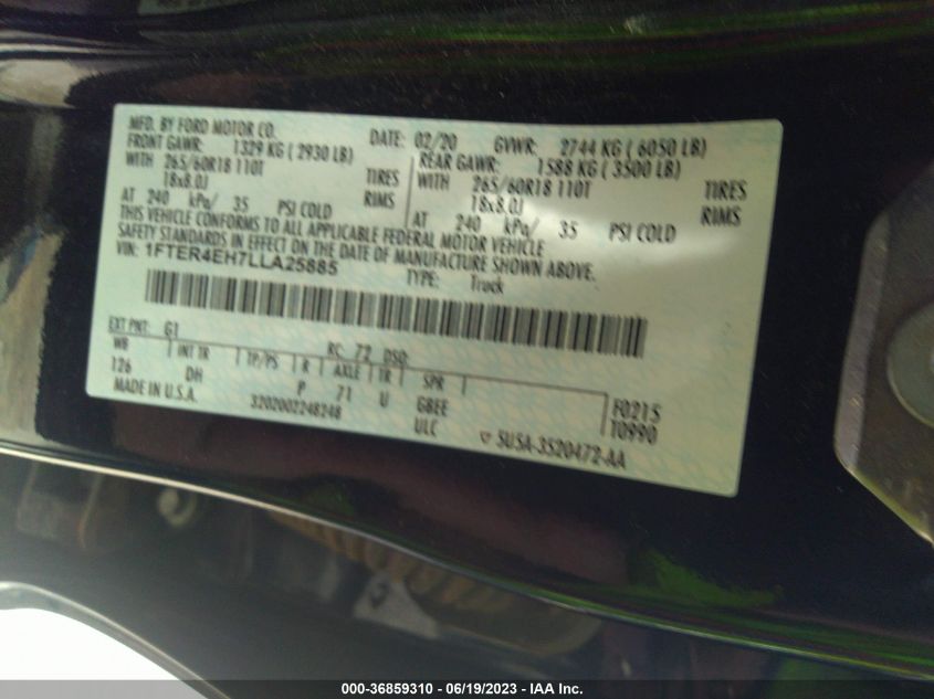 2020 FORD RANGER XL/XLT/LARIAT - 1FTER4EH7LLA25885