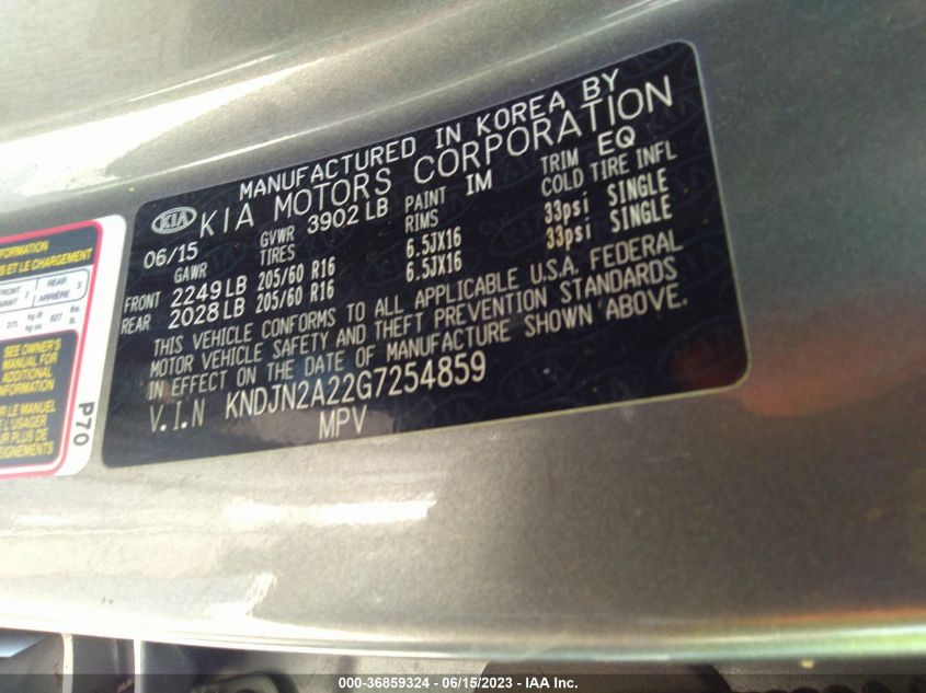2016 KIA SOUL BASE - KNDJN2A22G7254859