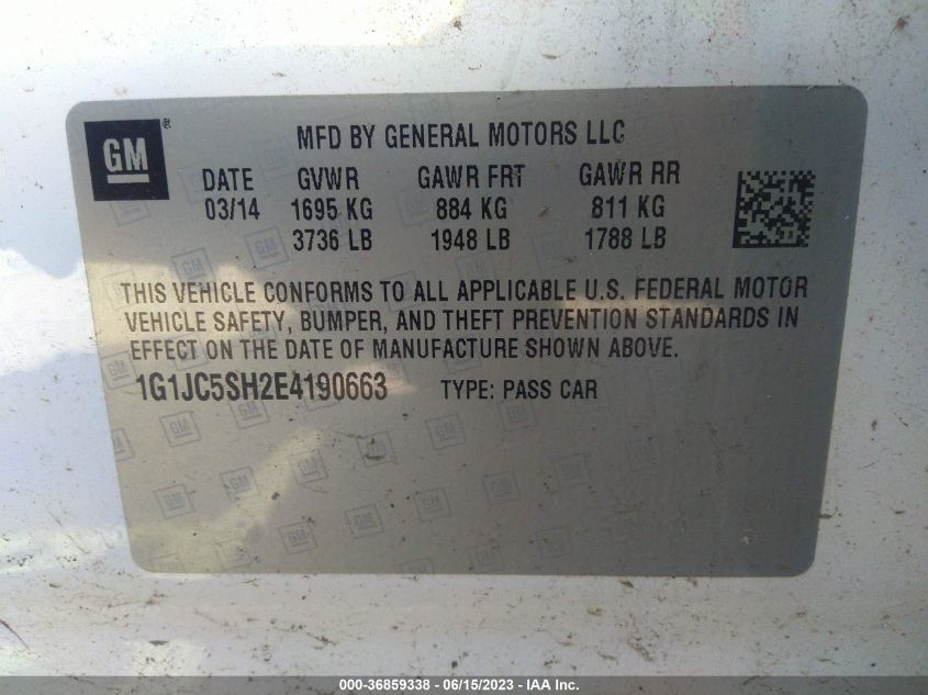 2014 CHEVROLET SONIC LT - 1G1JC5SH2E4190663