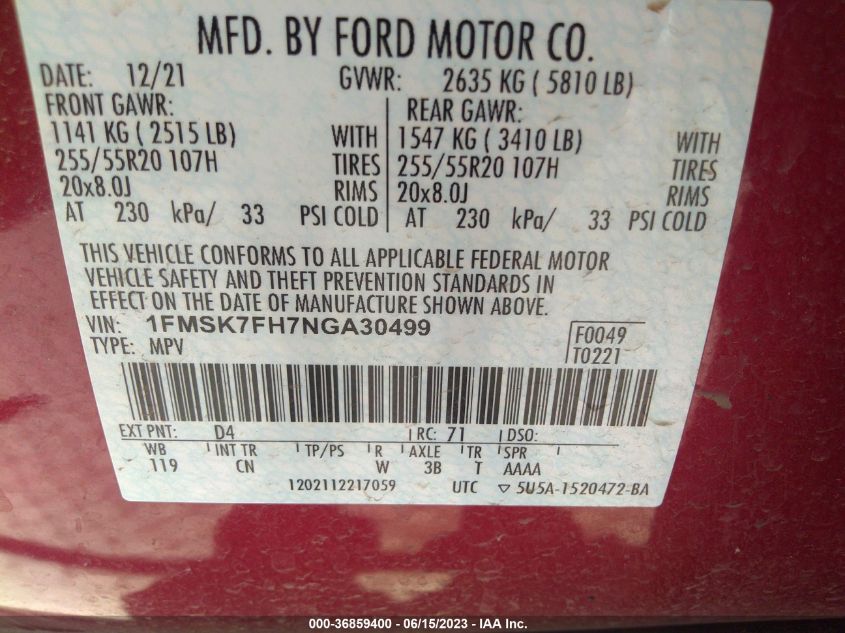 2022 FORD EXPLORER LIMITED - 1FMSK7FH7NGA30499