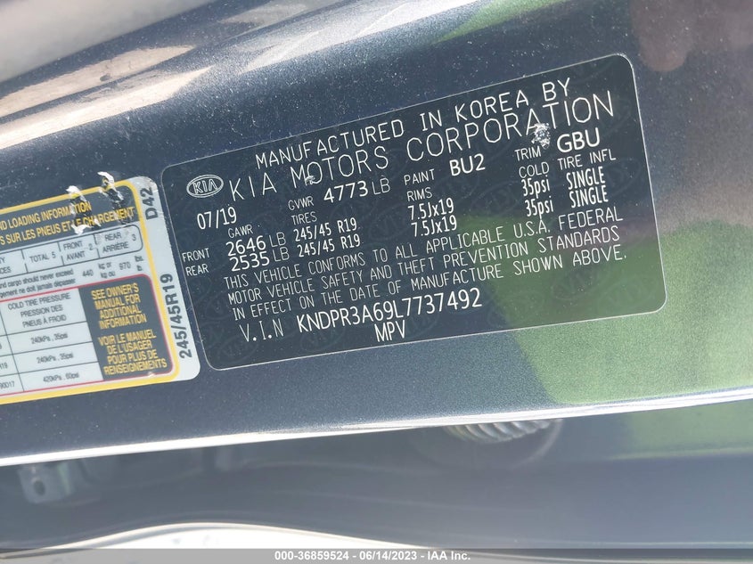 VIN KNDPR3A69L7737492 2020 KIA SPORTAGE SX TURBO