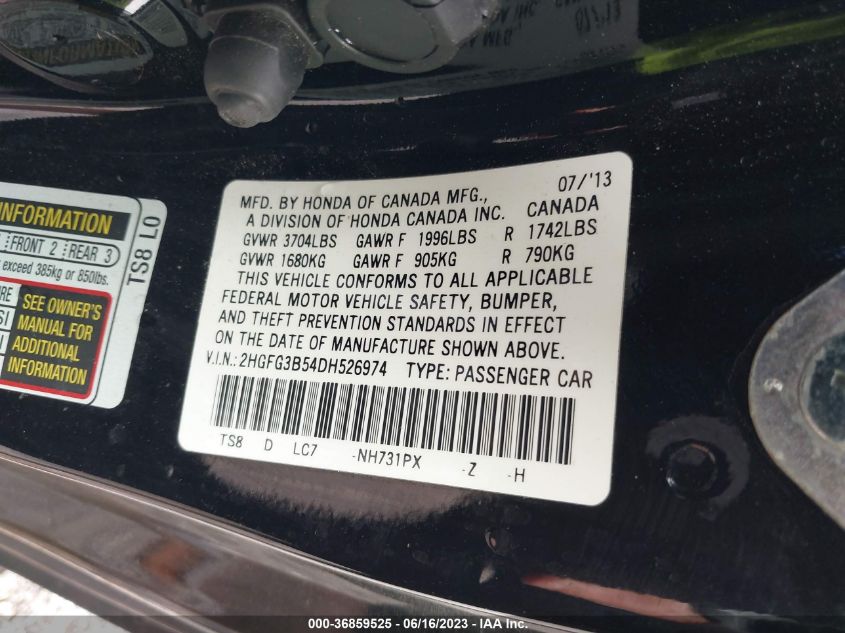 2013 HONDA CIVIC CPE LX 2HGFG3B54DH526974