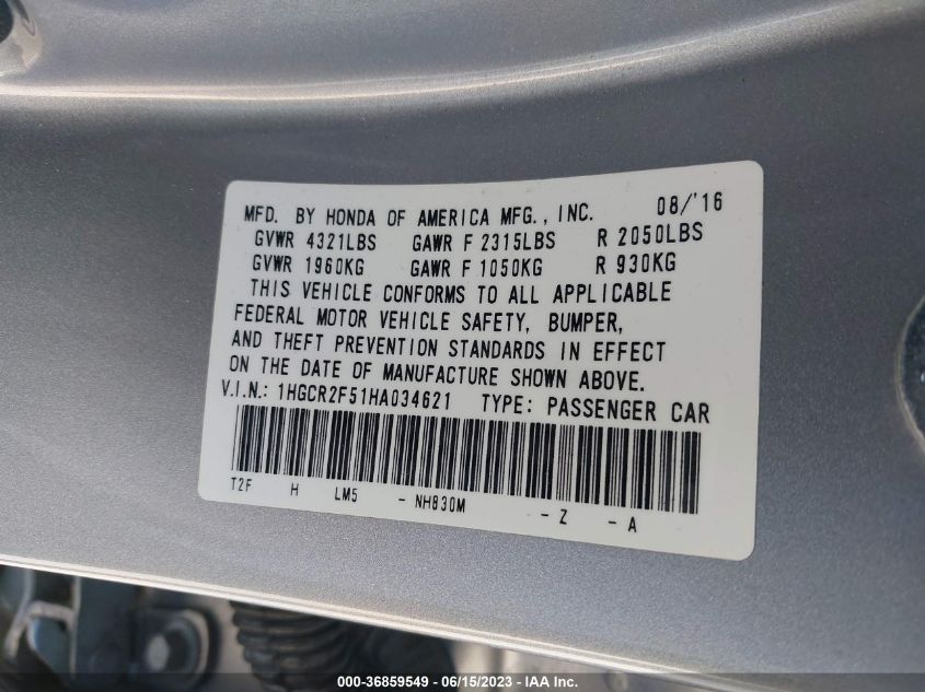 2017 HONDA ACCORD SEDAN SPORT - 1HGCR2F51HA034621