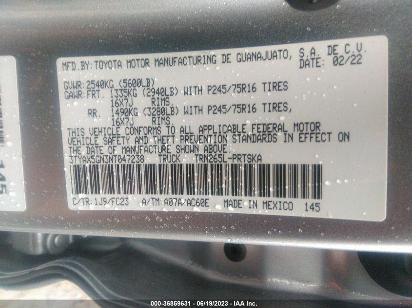 2022 TOYOTA TACOMA 2WD SR/SR5 - 3TYAX5GN3NT047238
