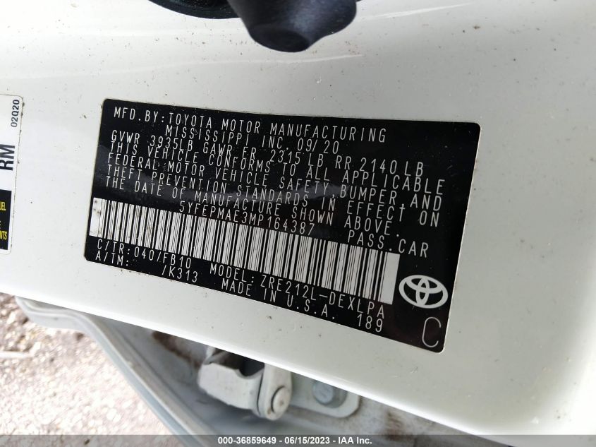 2021 TOYOTA COROLLA LE - 5YFEPMAE3MP164387