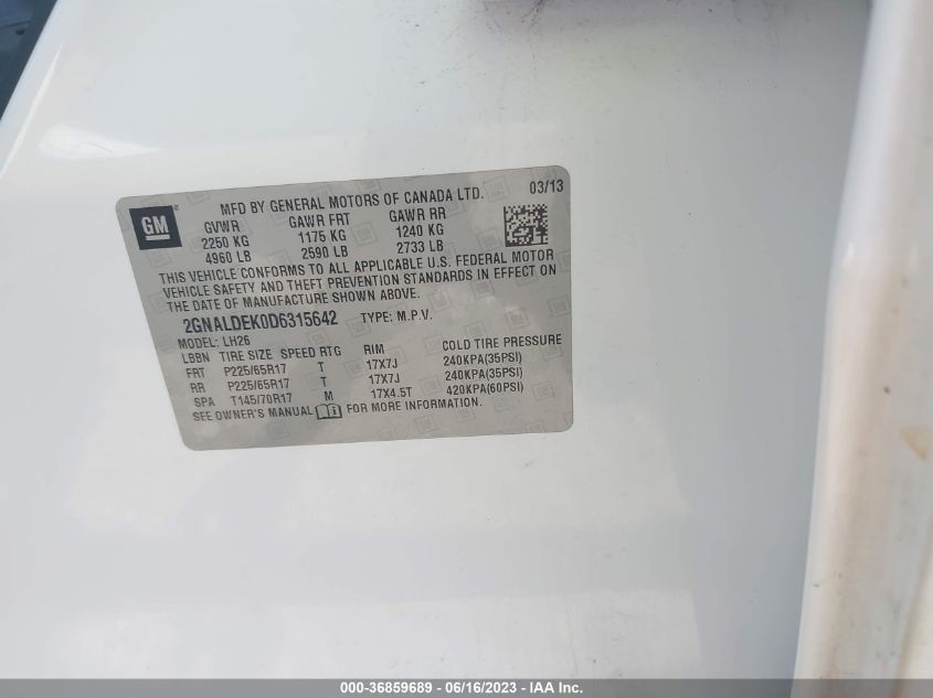 2013 CHEVROLET EQUINOX LT - 2GNALDEK0D6315642