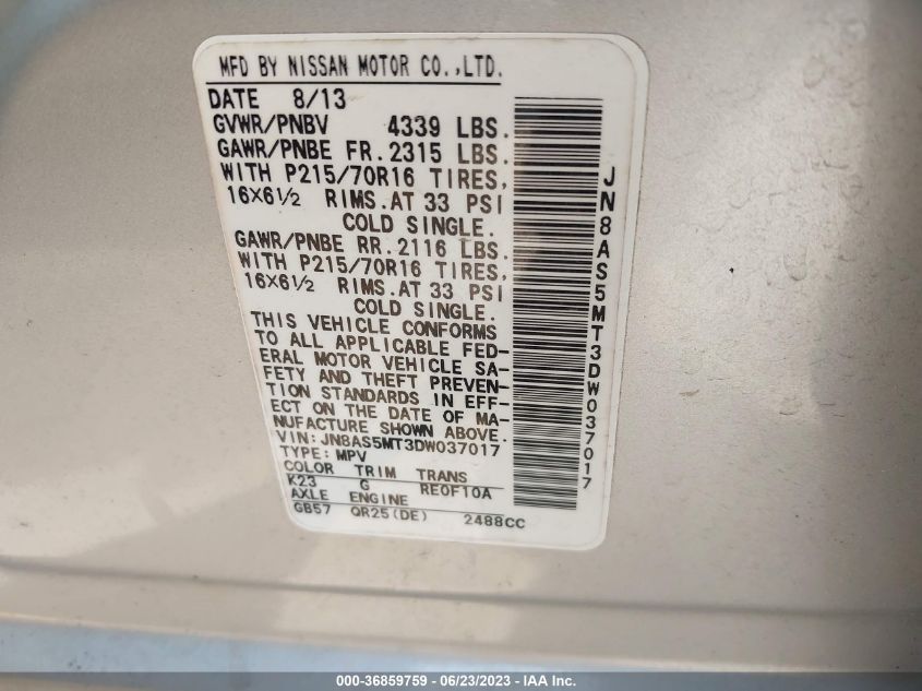2013 NISSAN ROGUE S - JN8AS5MT3DW037017