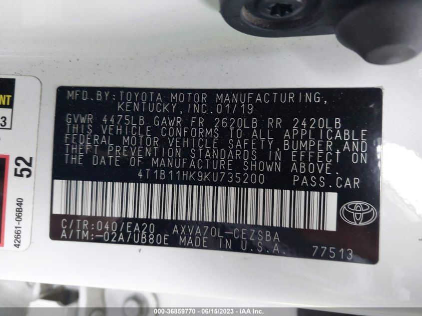 2019 TOYOTA CAMRY LE/SE/XLE/L - 4T1B11HK9KU735200