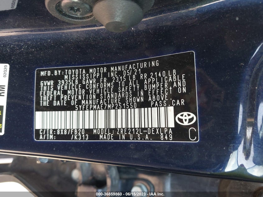 VIN 5YFEPMAE7MP251550 2021 TOYOTA COROLLA LE