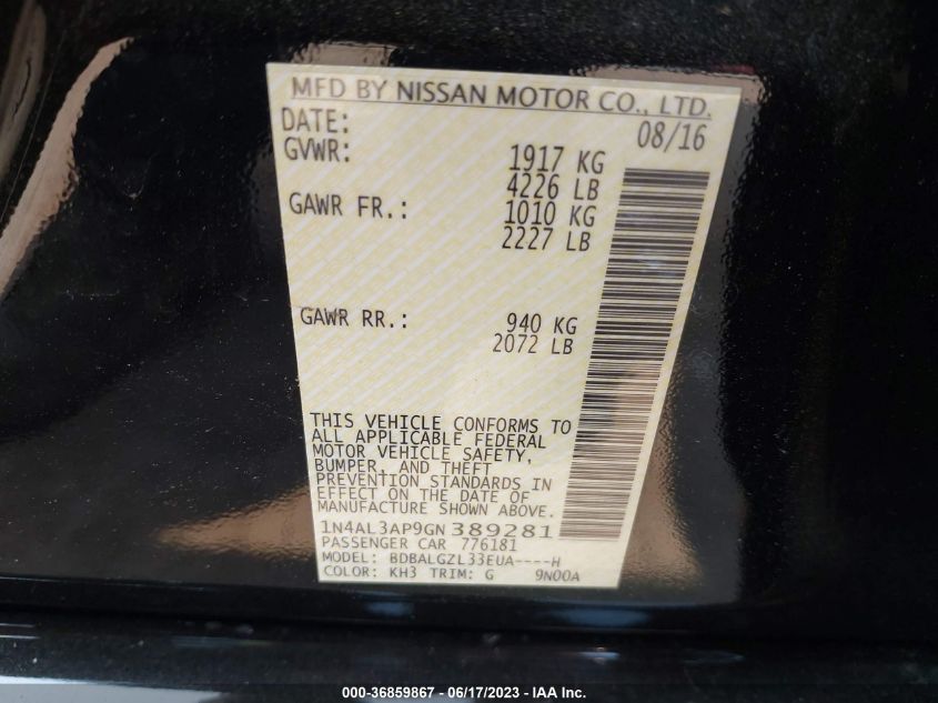 2016 NISSAN ALTIMA 2.5/S/SV/SL/SR - 1N4AL3AP9GN389281