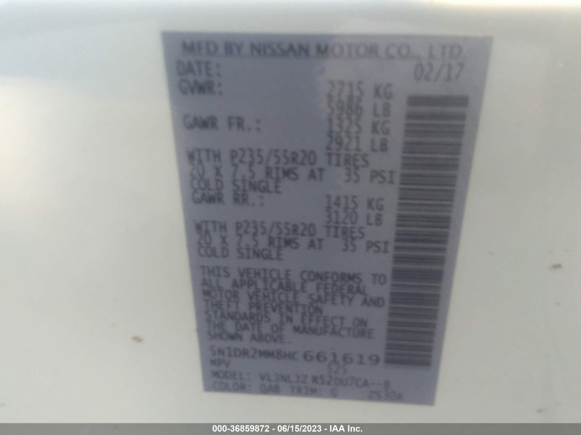 VIN 5N1DR2MM8HC661619 2017 NISSAN PATHFINDER S/SV/SL/PLATINUM
