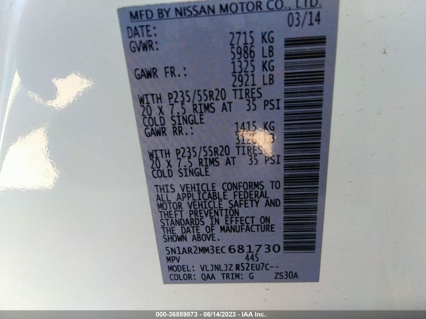 2014 NISSAN PATHFINDER PLATINUM - 5N1AR2MM3EC681730