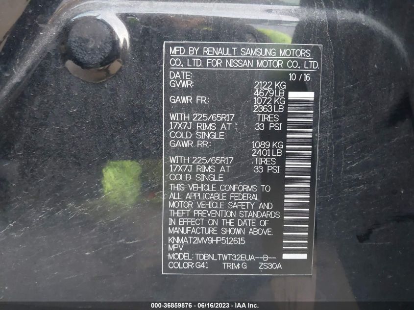 2017 NISSAN ROGUE SV - KNMAT2MV9HP512615